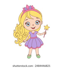 A cartoon girl with a wand and a crown. She is smiling and holding the wand. The image is of a princess