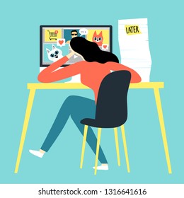 Cartoon girl watching funny pictures and video  instead of working. Procrastination vector illustration for your design.