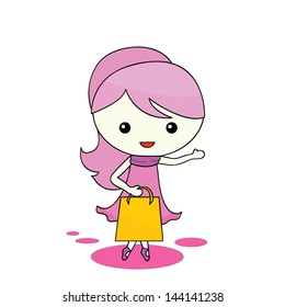 Cartoon girl waving with a shopping bag