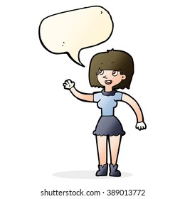 cartoon girl waving with speech bubble