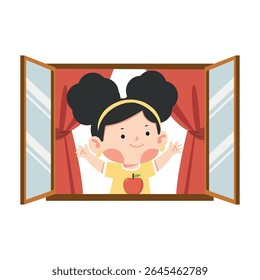 Cartoon Girl Waving From Window Illustration kid