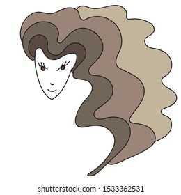 Cartoon girl wavy, long gray beige hair. Simple vector drawing.