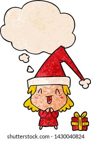 cartoon girl wearing christmas hat with thought bubble in grunge texture style