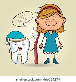 cartoon girl wearing coloured clothes holding a toothbrush and a cartoon sleepy tooth wearing a hat and a text mark above it over a coloured background vector illustration