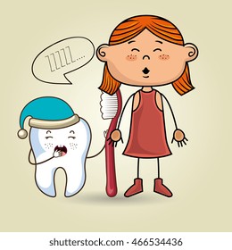 cartoon girl wearing coloured clothes holding a toothbrush and a cartoon sleepy tooth wearing a hat and a text mark above it over a coloured background vector illustration