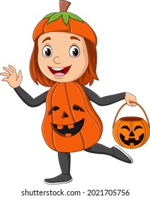 Cartoon girl wearing halloween pumpkin costume holding pumpkin basket