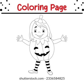  cartoon girl wearing halloween pumpkin costume holding pumpkin basket. Black and white vector illustration for coloring book