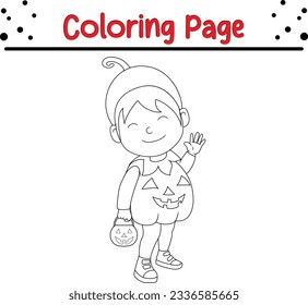 Cartoon girl wearing halloween pumpkin costume holding pumpkin basket. Black and white vector illustration for coloring book