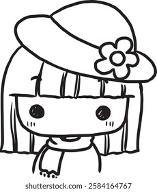Cartoon girl wearing a hat doodle lineart minimal