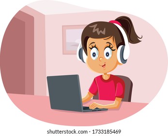 Cartoon Girl Wearing Headphones Using Laptop. Funny pupil doing homework in homeschooling regime
