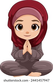 Cartoon of a girl wearing hijab sitting peacefully