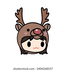 Cartoon of a girl wearing Reindeer with red nose hat. For Christmas, new year design greeting card