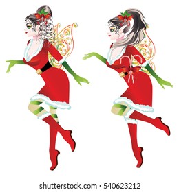 Cartoon girl wearing Santa elf outfit with fairy wings.