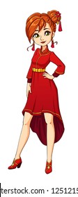 Cartoon girl wearing traditional chinese dress. Hand drawn vector illustration. Can be used for new year card, paper doll, coloring book, children games etc. Isolated on white background. 