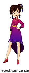 Cartoon girl wearing traditional chinese dress. Hand drawn vector illustration. Can be used for new year card, paper doll, coloring book, children games etc. Isolated on white background. 