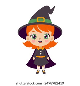 A cartoon girl wearing a witch hat and a black dress. She is smiling and looking at the camera