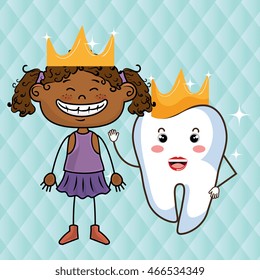 cartoon girl wering colored clothes and a crown next to a cartoon tooth with crown over a blue background vector illustration