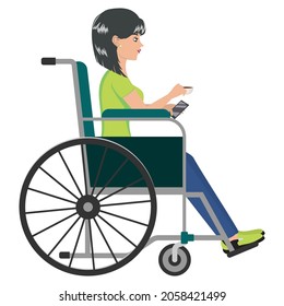 Cartoon girl wheelchair user with smartphone and cup of coffee.