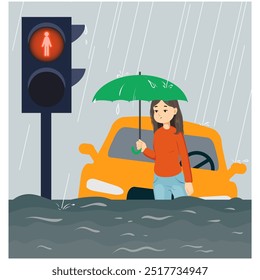 Garota de desenhos animados que sofre de enchente. Ela fica com o guarda-chuva na rua enquanto o carro atrás dela nada na água. Ilustração vetorial, eps10