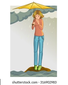 Cartoon girl who suffers from flood. She stays with umbrella on the small island free of water. Vector image, eps10