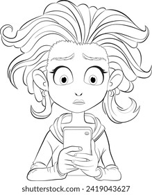 Cartoon girl with wide eyes holding a phone