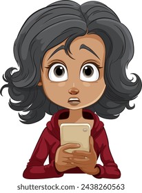 Cartoon of a girl with wide eyes holding a phone