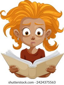 Cartoon girl with wide eyes reading a book