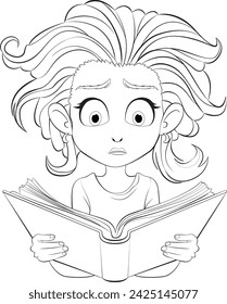 Cartoon girl with wide eyes reading a book.