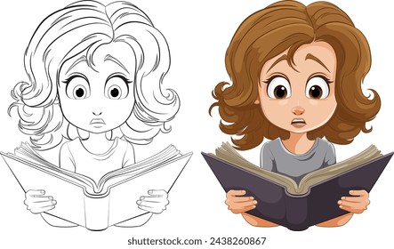 Cartoon girl with wide eyes reading intently