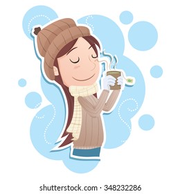 Cartoon girl in winter clothes drinking hot tea.