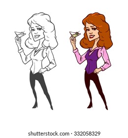 cartoon girl wit a martini glass, glamour caricature character