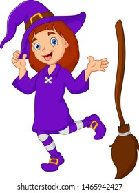 Cartoon girl witch with a broom