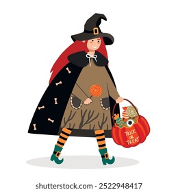 Cartoon girl in a witch costume.Cute characters holds a basket made of pumpkin in his hand with an inscription Trick or Treat.Smiling child with sweets.Vector flat illustration isolated on white.