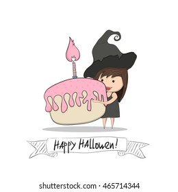 Cartoon girl witch holding cupcake, halloween, drawing by hand vector 