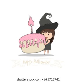 Cartoon girl witch holding cupcake, halloween, drawing by hand vector 