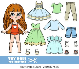 Cartoon girl withlong wavy hair and clothes separately - summer dresses, long sleeve, shorts, shirt,  jeans and sneakers