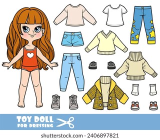 Cartoon girl withlong wavy hair and clothes separately - sweater, short coat with sweater, long sleeve, shorts, shirt,  jeans and sneakers