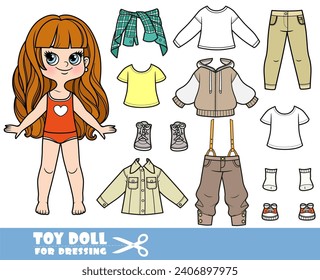 Cartoon girl withlong wavy hair and clothes separately - trousers with suspenders, long sleeve,  denim jacket, shirt,  jeans and sneakers