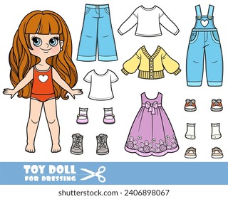 Cartoon girl withlong wavy hair and clothes separately -  elegant dress, long sleeve,  jacket, shirt, denim overalls, jeans and sneakers 