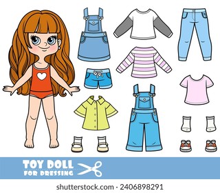 Chica de caricatura con el pelo largo ondulado y la ropa por separado - overoles y ropa de cama, manga larga, pantalones cortos, camisa, jeans y zapatillas