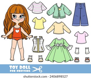 Cartoon girl withlong wavy hair and clothes separately - elegant dress, cardigan, insulated vest, long sleeve,  shirt,  jeans and sneakers