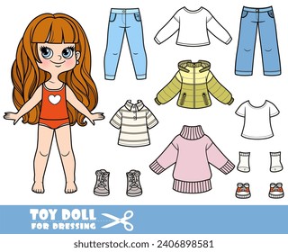 Cartoon girl withlong wavy hair and clothes separately - long sweater, demi-season jacket, long sleeve,  shirt,  jeans and sneakers