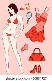Cartoon girl with woman's elements. Vector set