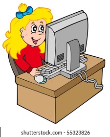 Niña caricaturista trabajando con computadora - ilustración vectorial.