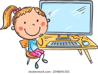 Cartoon girl working and studying using desctop computer. Doodle child using digital technology, kid and electronic devices. Isolated character, vector illustration