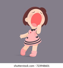 Cartoon Girl Yawning Against Gray Background, Sleepy, Vector illustration, Concept With Sleep And Relaxing.