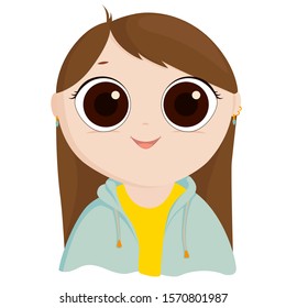 Cartoon girl in a yellow shirt and blue jacket on white background. Character with big eyes and earrings. A smiling child. Avatar girl with dark hair. Image for card Junior.