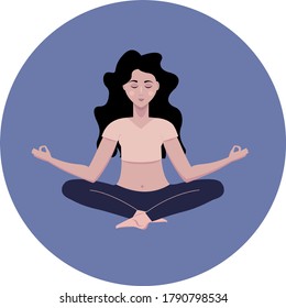 Cartoon girl in yoga lotus pose. Practicing yoga. Vector illustration. Young and happy woman meditates.