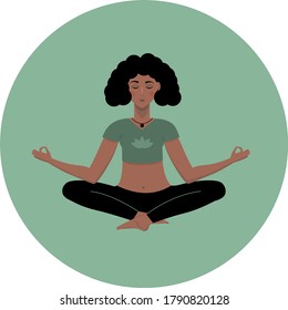 Cartoon girl in yoga lotus practices meditation. Practice of yoga. Vector illustration. Young and happy woman meditating