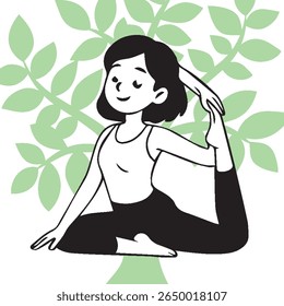 Cartoon Girl in Yoga Pose with Green Leaf Tree Background on White, Calm, Flexible, and Peaceful Nature, Themed Illustration Perfect for Wellness and Meditation Concepts.